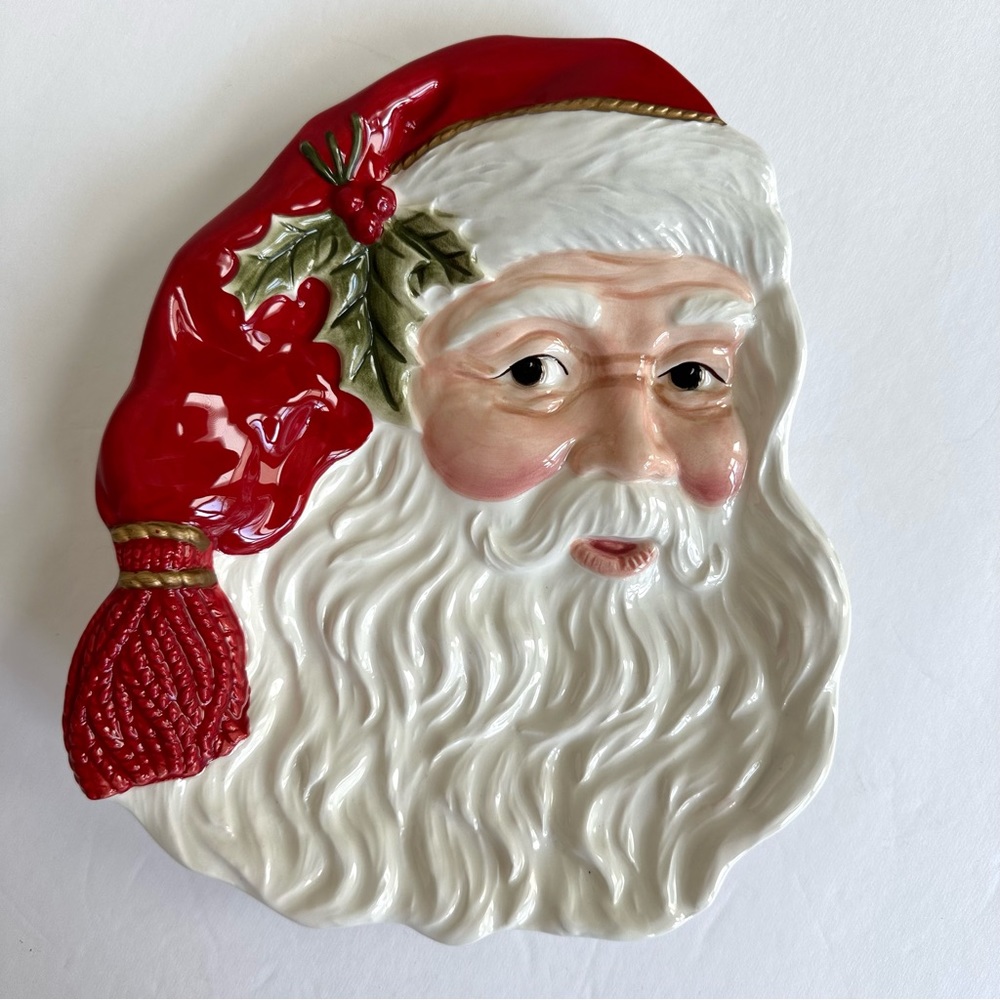 Fitz and Floyd Vintage Santa with Tassel Hat and Holly Canapé Christmas Plate